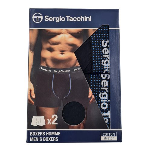 Sergio Tacchini Herren-Boxershorts aus Baumwolle – 2 Stück/Packung – Schwarz mit weißem Schriftzug – L