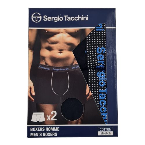 Sergio Tacchini Herren-Boxershorts aus Baumwolle – 2 Stück/Packung – Schwarz mit blauem Schriftzug – L