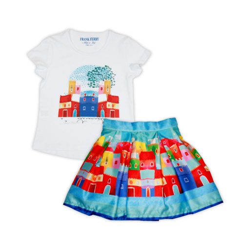 Cottage pattern cotton T-shirt-skirt set for little girls - white-patterned - 110