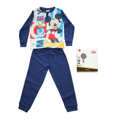 Dlhé tenké bavlnené detské pyžamo - Mickey mouse - s nápisom Starts - Jersey - tmavomodré - 122