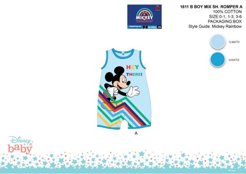 Disney Mickey mouse summer sleeveless baby romper - with Hey There inscription - light blue-light blue - for babies 0-1 months