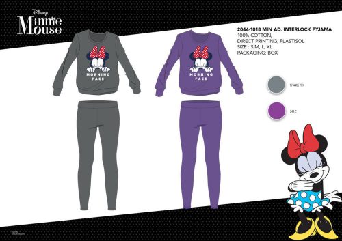 Winter-Damenpyjama aus Baumwoll-Interlock – Disney Minnie Mouse – mit „Morning Face“-Aufschrift – Lila – L