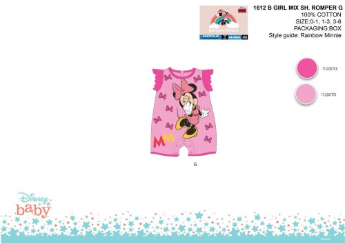 Letný detský overal s krátkym rukávom Disney Minnie mouse - tmavo ružový - pre bábätká 0-1 mesiac