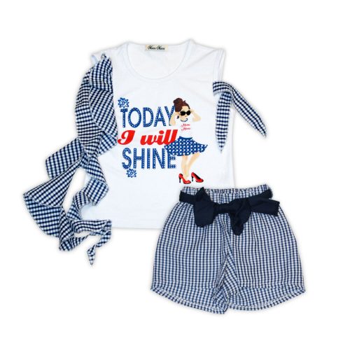 Cotton plaid-ruffled summer girl's pants-t-shirt set - white-blue - 116