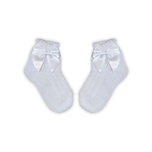 100% cotton baby girl ankle socks with crochet upper part - with bow decoration - white - 16-17