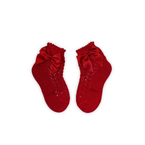 100% cotton baby girl baby ankle socks with crochet upper part - bow decoration - red - 13-14