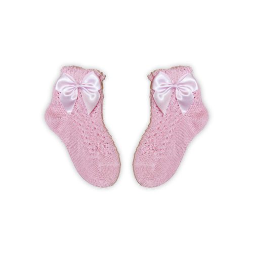 100% cotton baby girl baby ankle socks with crochet upper part - bow decoration - pink - 13-14