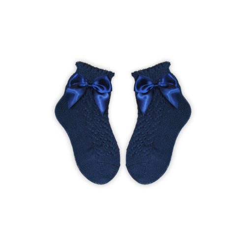 100% cotton baby girl baby ankle socks with crochet upper part - with bow decoration - dark blue - 13-14