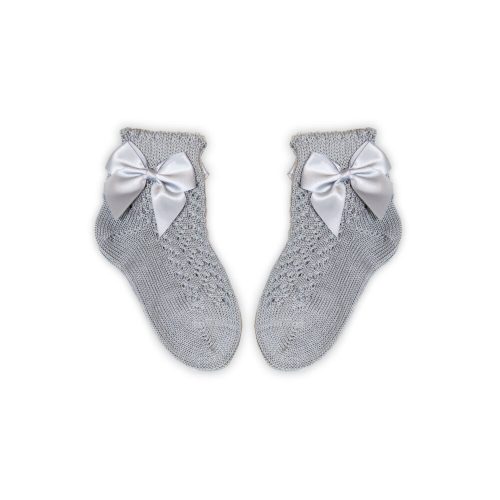 100% cotton baby girl baby ankle socks with crochet upper part - with bow decoration - gray - 20-21