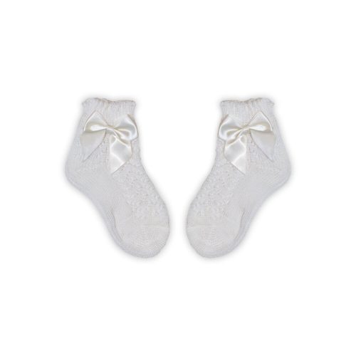 100% cotton baby girl baby ankle socks with crochet upper part - with bow decoration - vanilla - 18-19