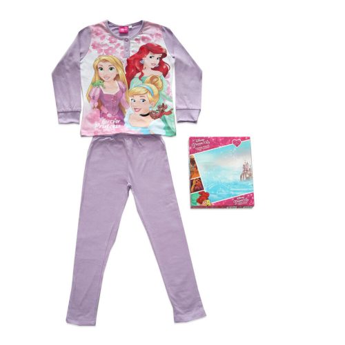 Langer Kinderpyjama aus dünner Baumwolle – Prinzessinnen – Muster Goldlöckchen, Arielle, Dornröschen – Jersey – Helllila – 104