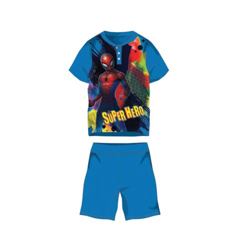 Sommer-Kurzarm-Baumwollpyjama für Kinder – Spiderman – mit Superhelden-Aufschrift – Mittelblau – 98