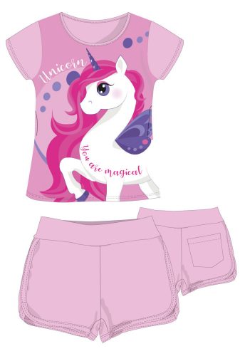 Unicorn cotton summer ensemble - T-shirt and shorts set - light pink - 104