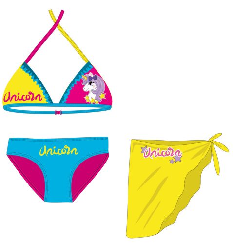 Set costume de baie unicorn - bikini cu top triunghi + fusta pentru fetite - turcoaz-roz-galben - 104