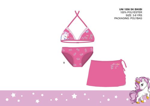 Set costum de baie unicorn pentru fetite - bikini cu top triunghi + fusta - roz - 98